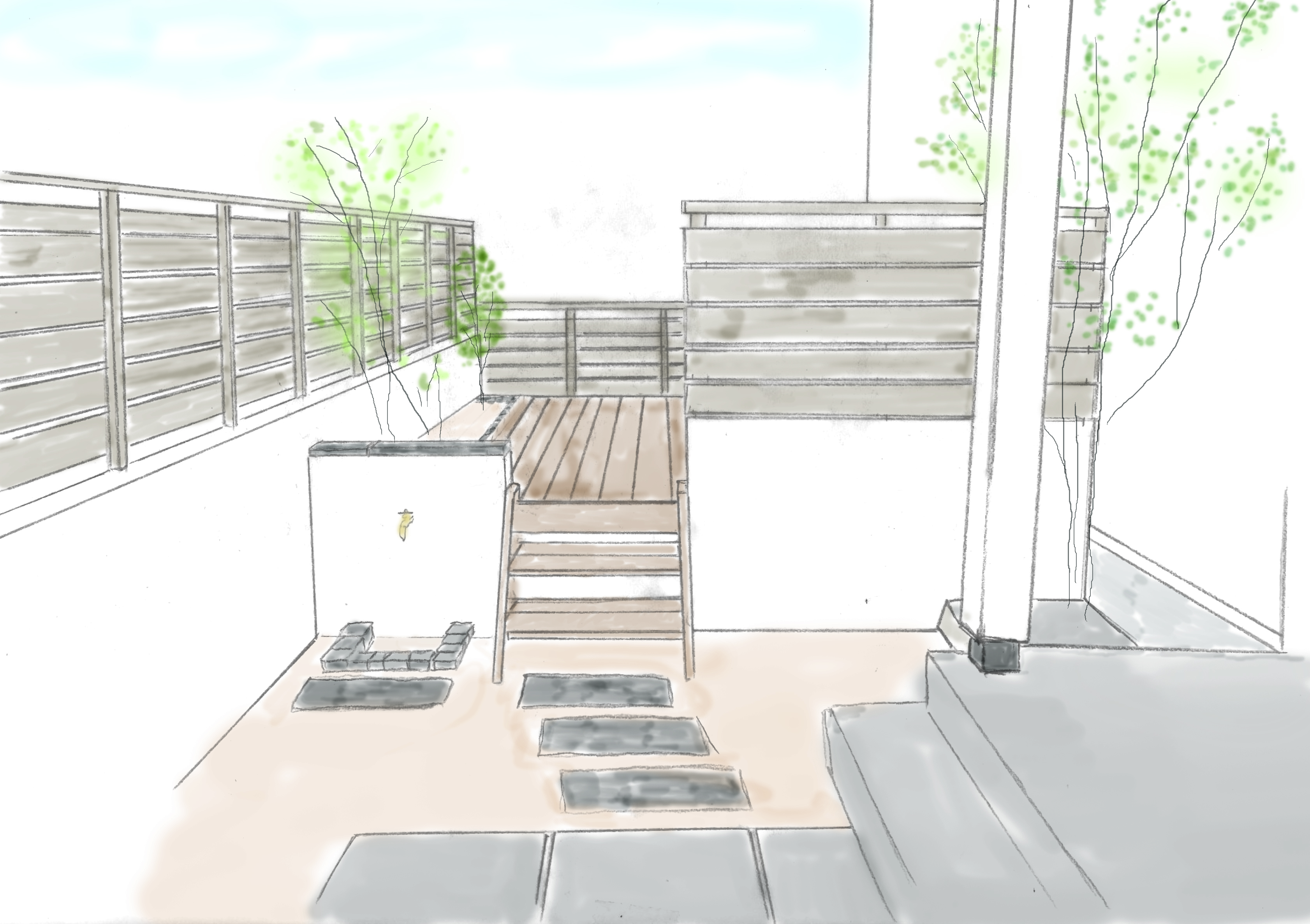 ミニ菜園とウッドデッキで新築一戸建ての暮らしを満喫するシンプルガーデン